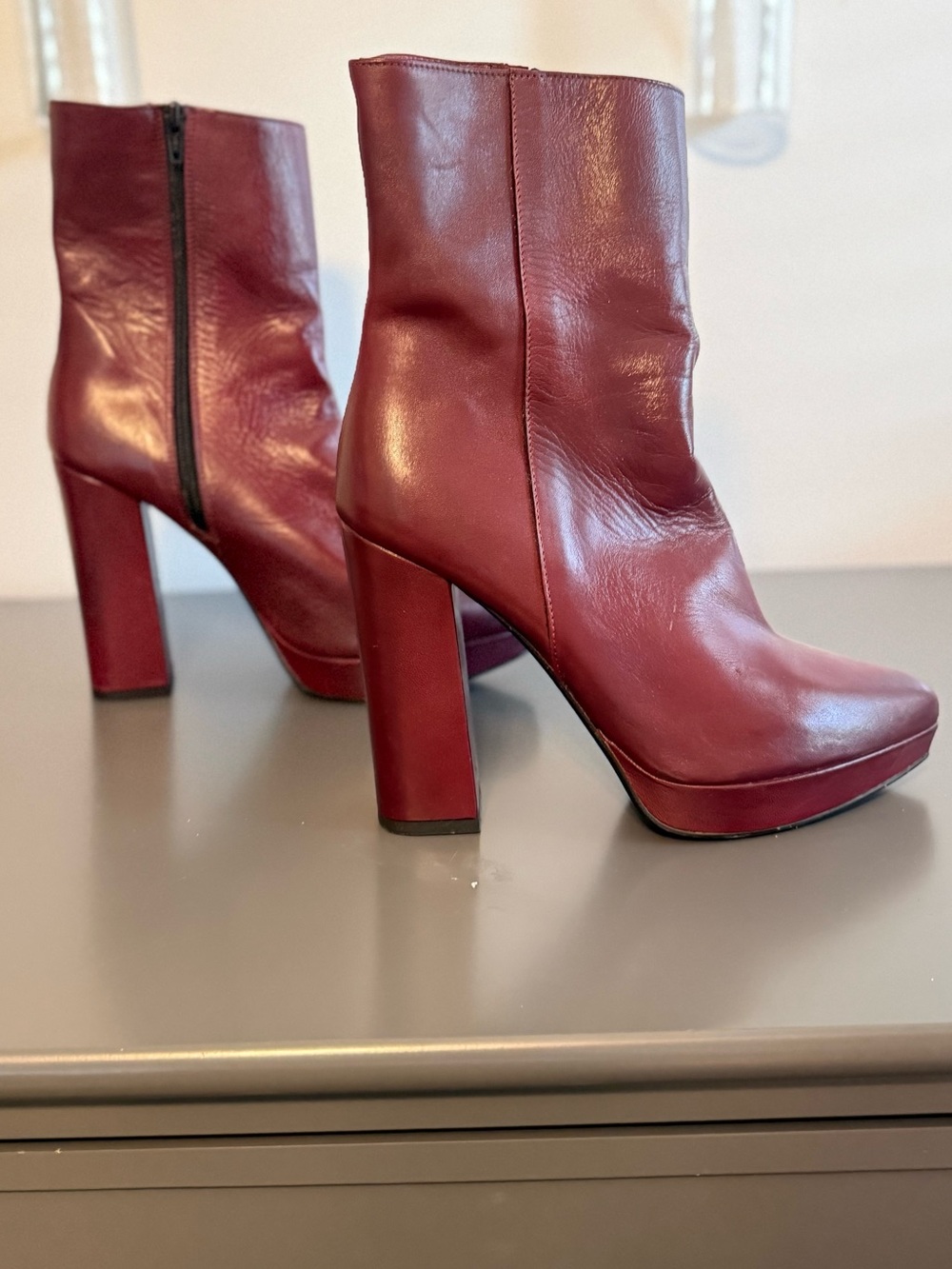 GORGEOUS! Never worn, made in Italy, Platform Block-Heel Boots in Deep Burgundy